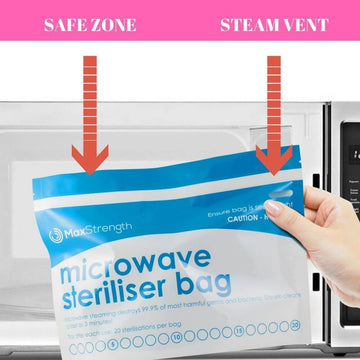 Max Strength Microwave Premium Sterilizer Bags (Pack of 10), Large & Durable Steam Bags for Baby Bottles, Soothers, Teethers & Training Cups, 20 Uses Per Bag, Marking System, Chemical Free - Imported from UK